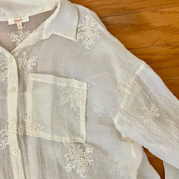 Peach semi sheer blouse SZ L with pocket embroidery and long sleeves Hi-Low hem - Picture 2 of 7
